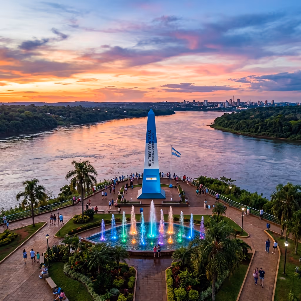 Obelisco del Hito Tres Fronteras con las banderas de Argentina, Brasil y Paraguay